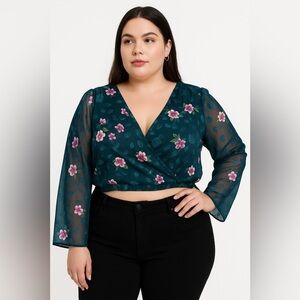 Mi Ami Long sleeve Semi Sheer Floral Wrap Crop Top Teal Size X-large